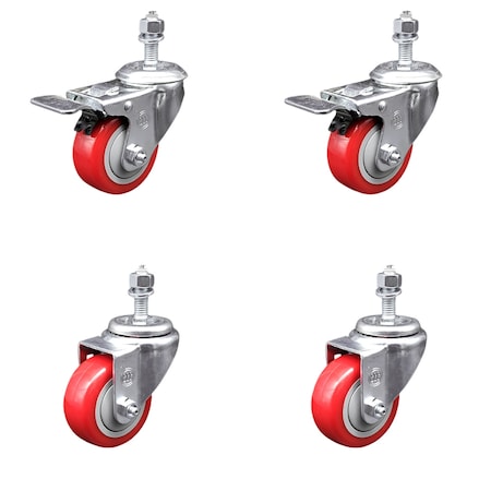 Service Caster 3 Inch SS Red Polyurethane 1/2 Inch Threaded Stem Caster Total Lock Brake, 2PK SSTSTTL20S314-PPUB-RED-121315-2-S-2